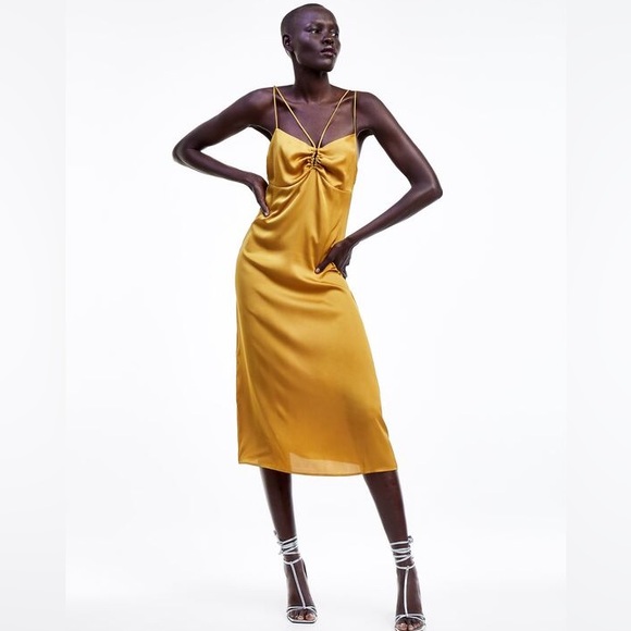 Zara Dresses & Skirts - NWT Zara Slip Dress Straps Satin Gold Yellow Mustard 8779451 Strappy Gathered